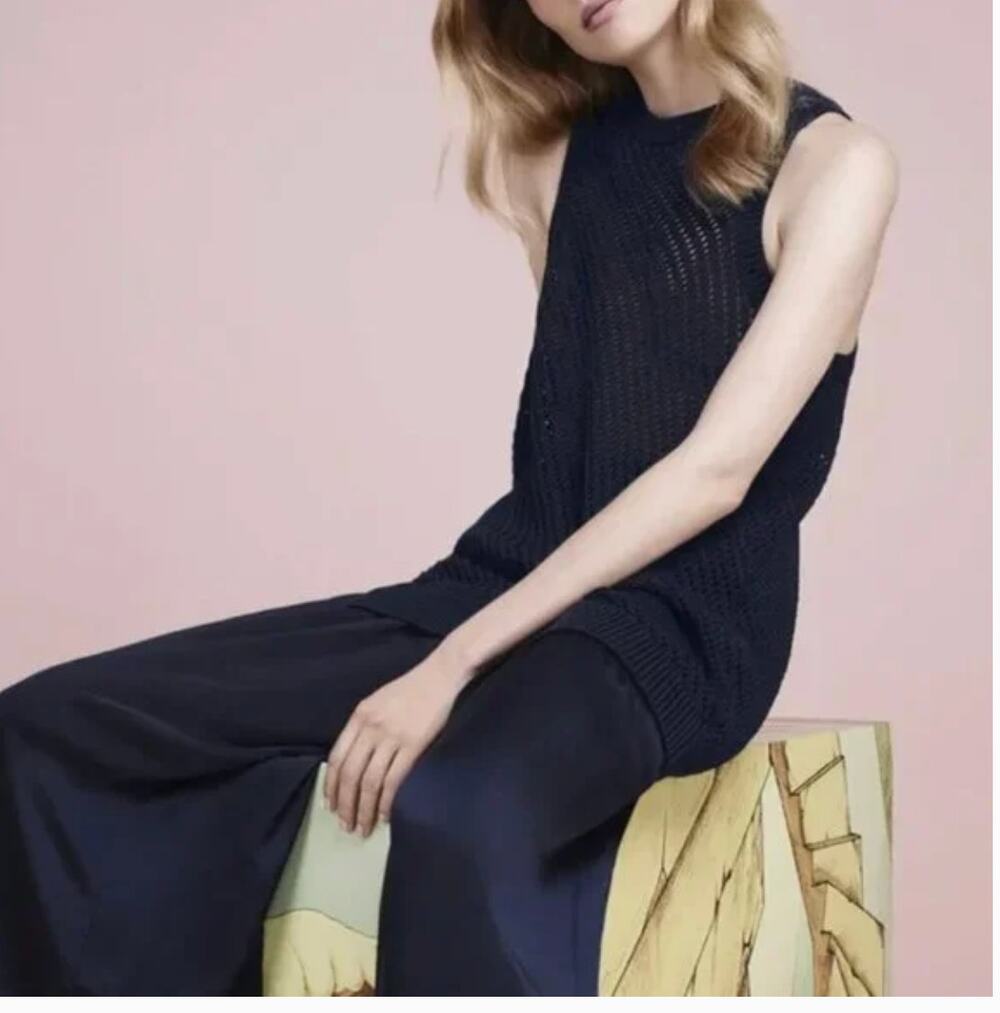 Vince Coastal Cotton Sleeveless Sweater S Navy Blue Open Knit Capsule Minimalist